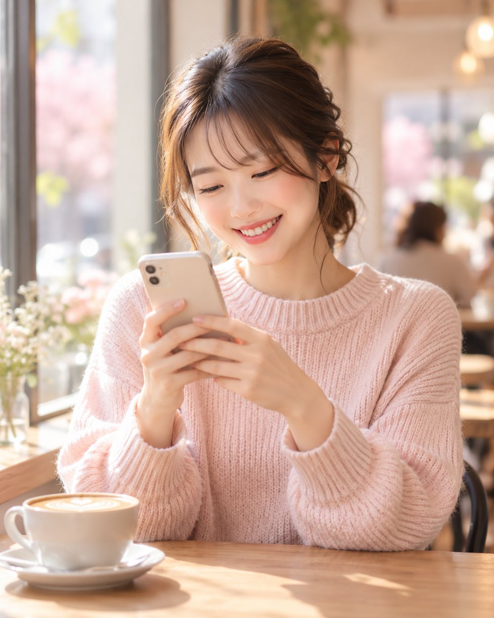 カフェでスマートフォンを見て笑顔になる女性